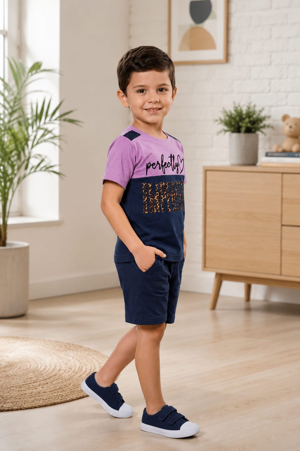 Boys’ Purple & Navy Printed T-Shirt with Shorts Set | Stylish Casual Wear | Comfortable Summer Outfit