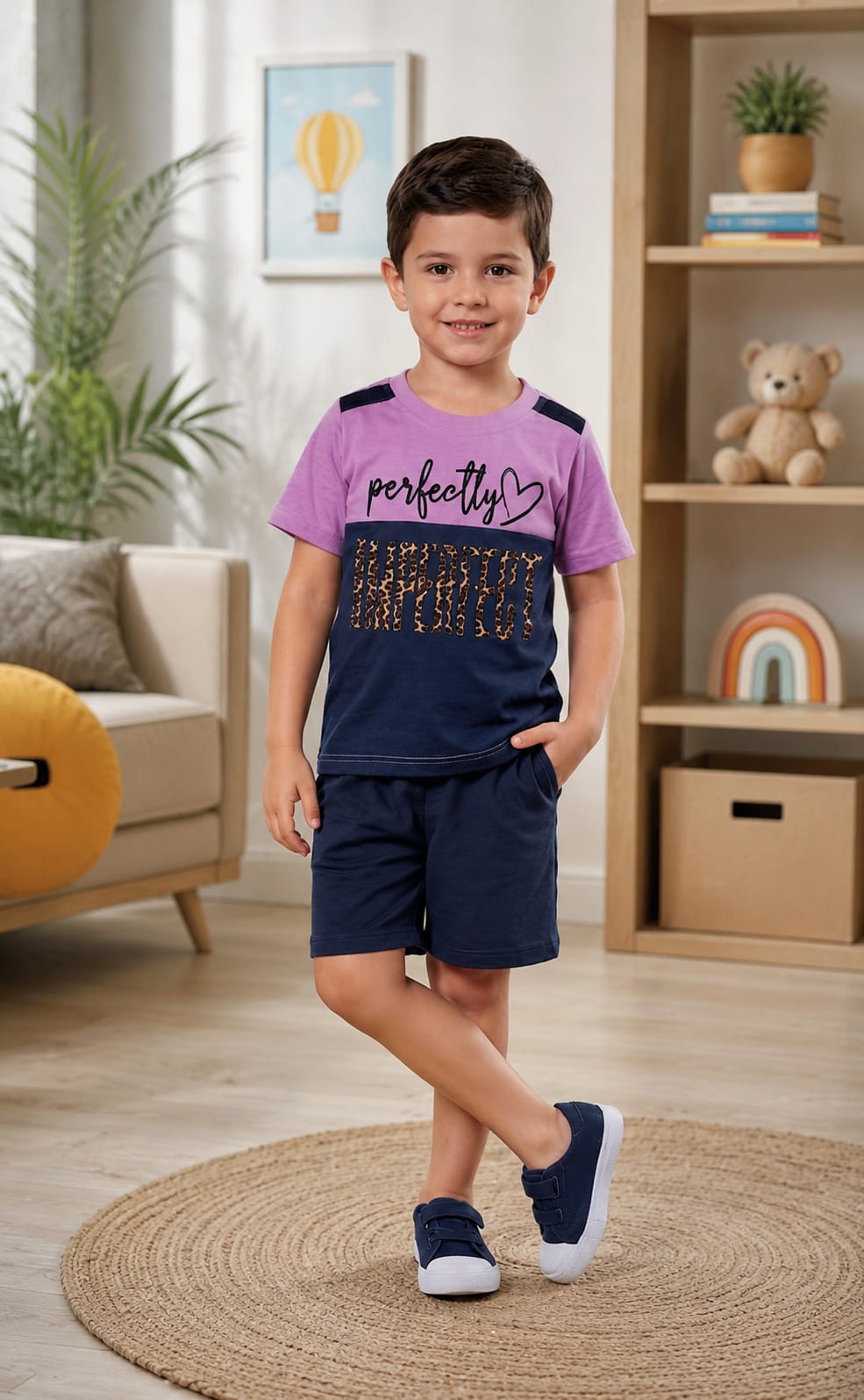Boys’ Purple & Navy Printed T-Shirt with Shorts Set | Stylish Casual Wear | Comfortable Summer Outfit