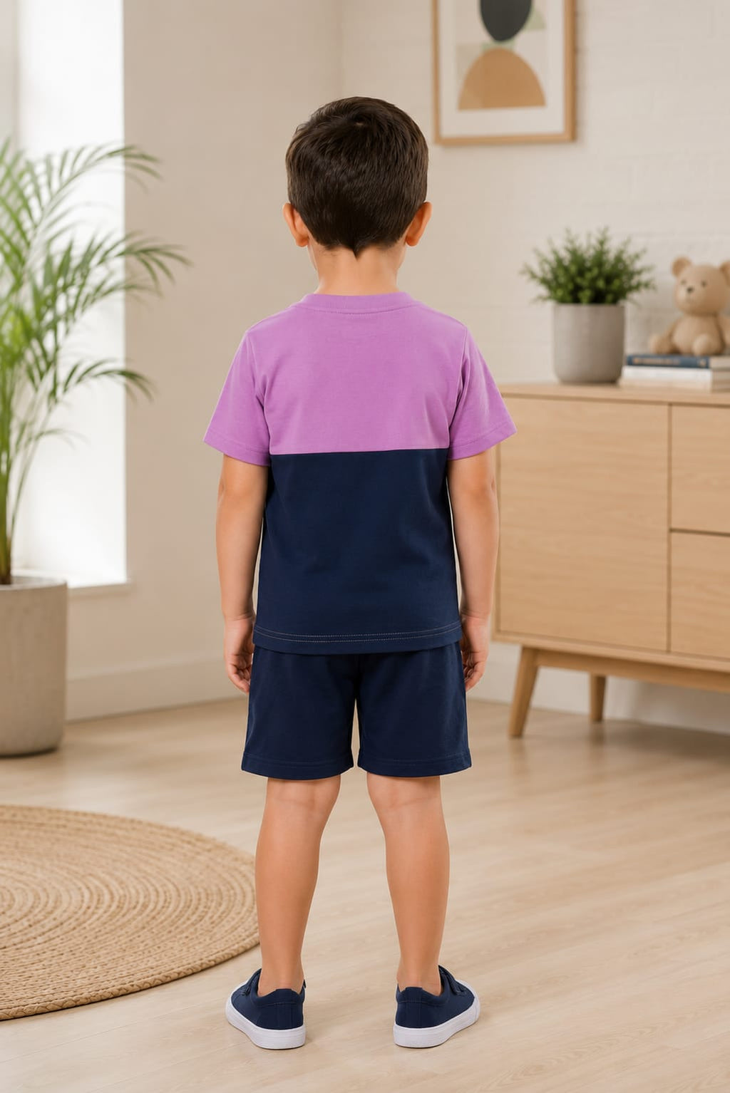 Boys’ Purple & Navy Printed T-Shirt with Shorts Set | Stylish Casual Wear | Comfortable Summer Outfit