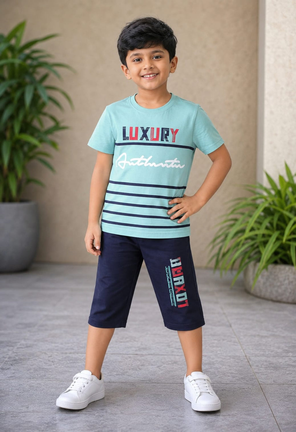 Boys Aqua Blue Printed T-Shirt & Navy Blue Shorts Co-Ord Set | Stylish Casual Summer Wear