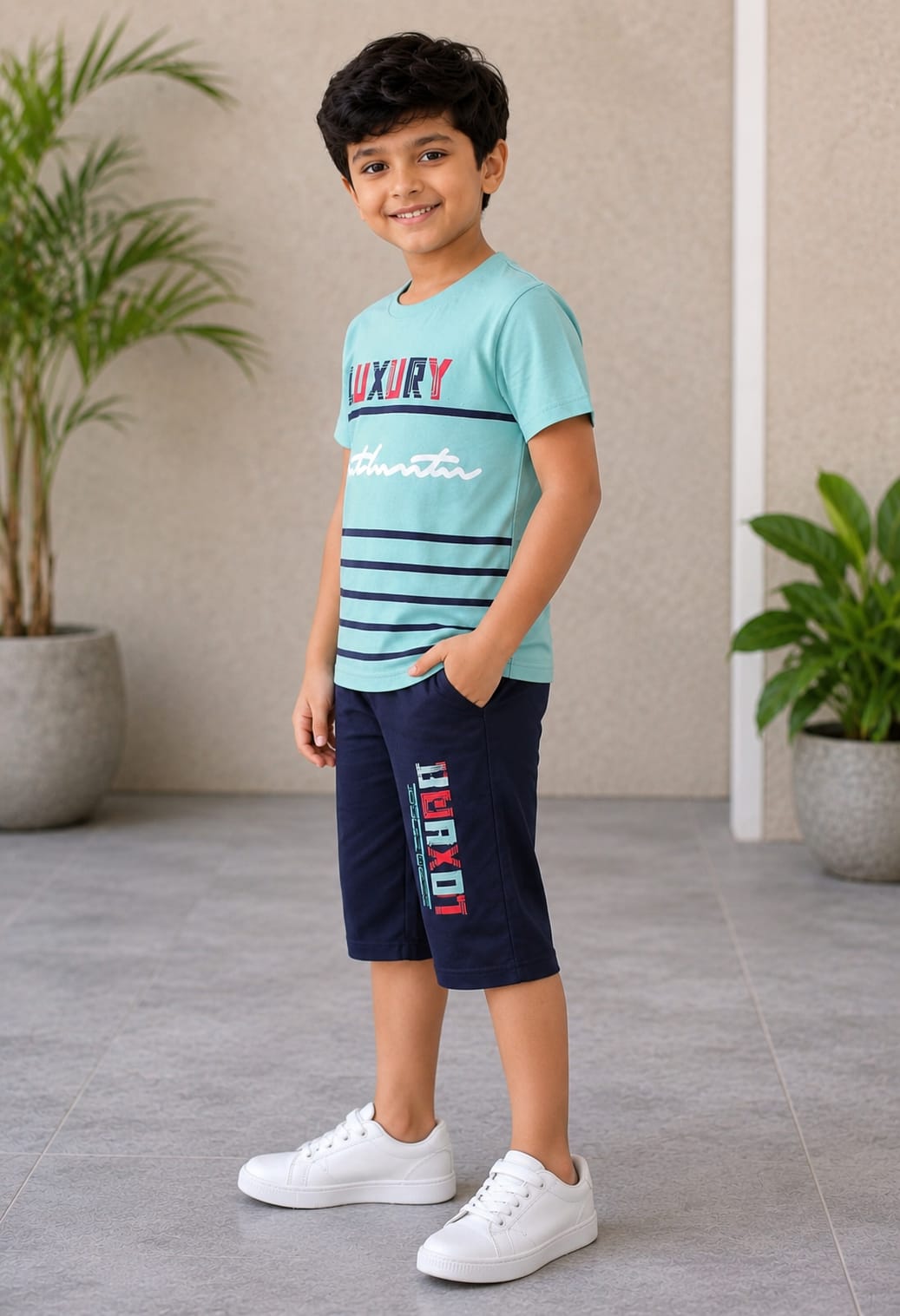 Boys Aqua Blue Printed T-Shirt & Navy Blue Shorts Co-Ord Set | Stylish Casual Summer Wear