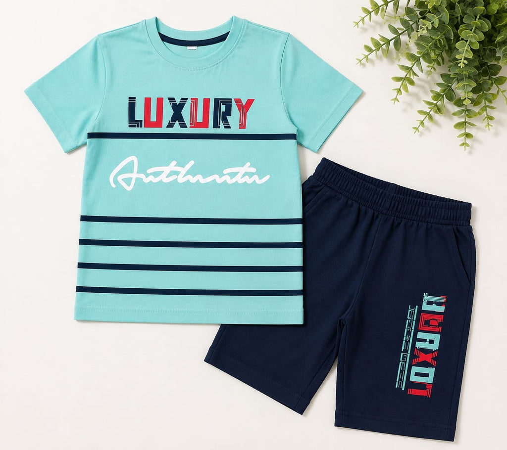 Boys Aqua Blue Printed T-Shirt & Navy Blue Shorts Co-Ord Set | Stylish Casual Summer Wear