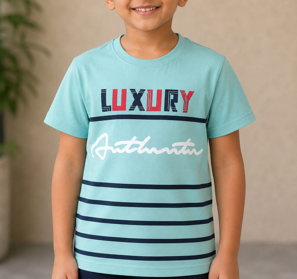 Boys Aqua Blue Printed T-Shirt & Navy Blue Shorts Co-Ord Set | Stylish Casual Summer Wear