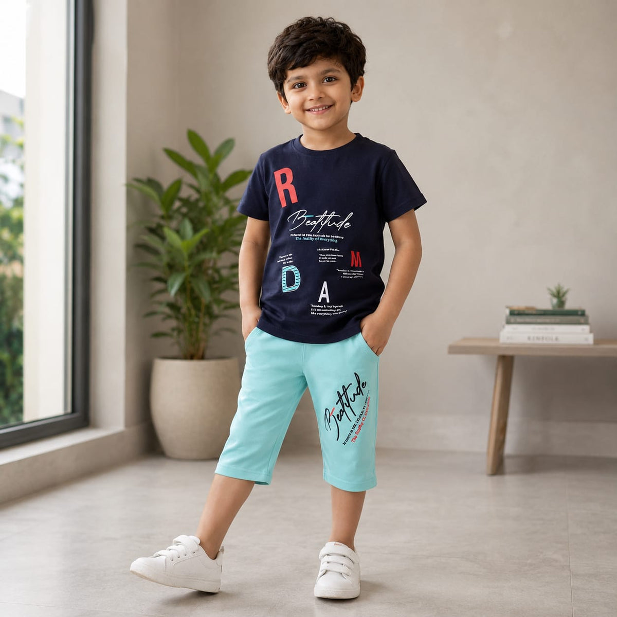 Boys Navy Blue Printed T-Shirt with Aqua Blue Shorts | Stylish Summer Co-Ord Set