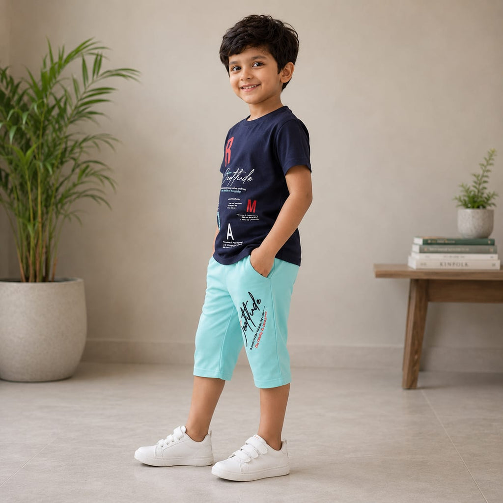 Boys Navy Blue Printed T-Shirt with Aqua Blue Shorts | Stylish Summer Co-Ord Set