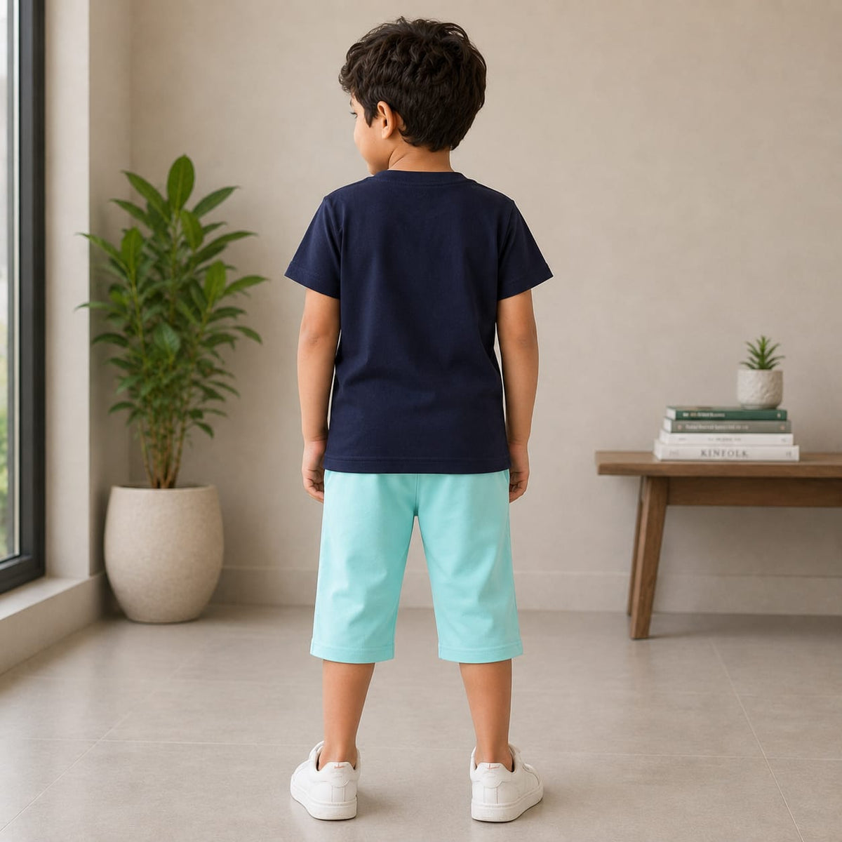 Boys Navy Blue Printed T-Shirt with Aqua Blue Shorts | Stylish Summer Co-Ord Set