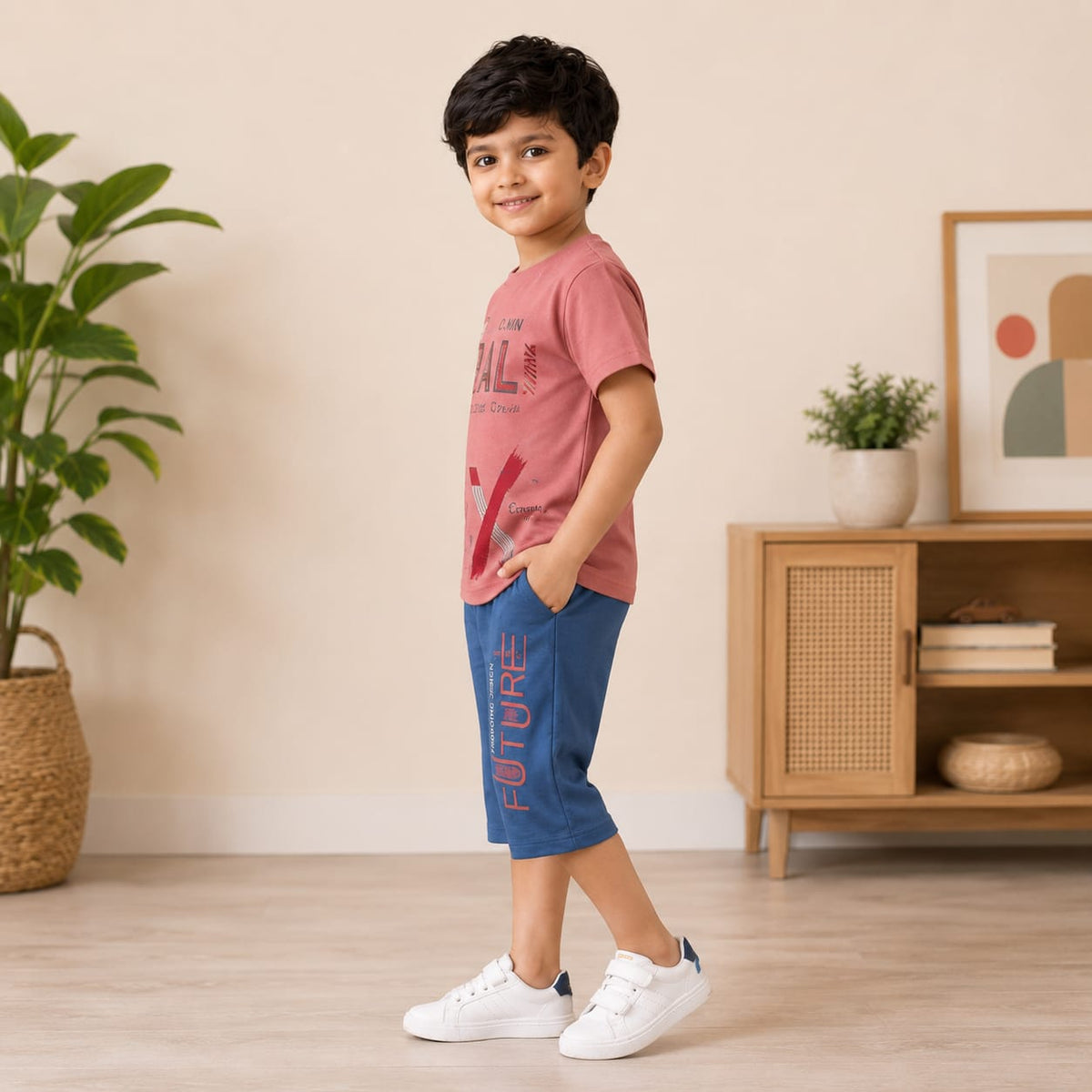 Boys Pink Graphic Printed T-Shirt & Navy Blue Shorts Co-Ord Set | Trendy Casual Summer Wear