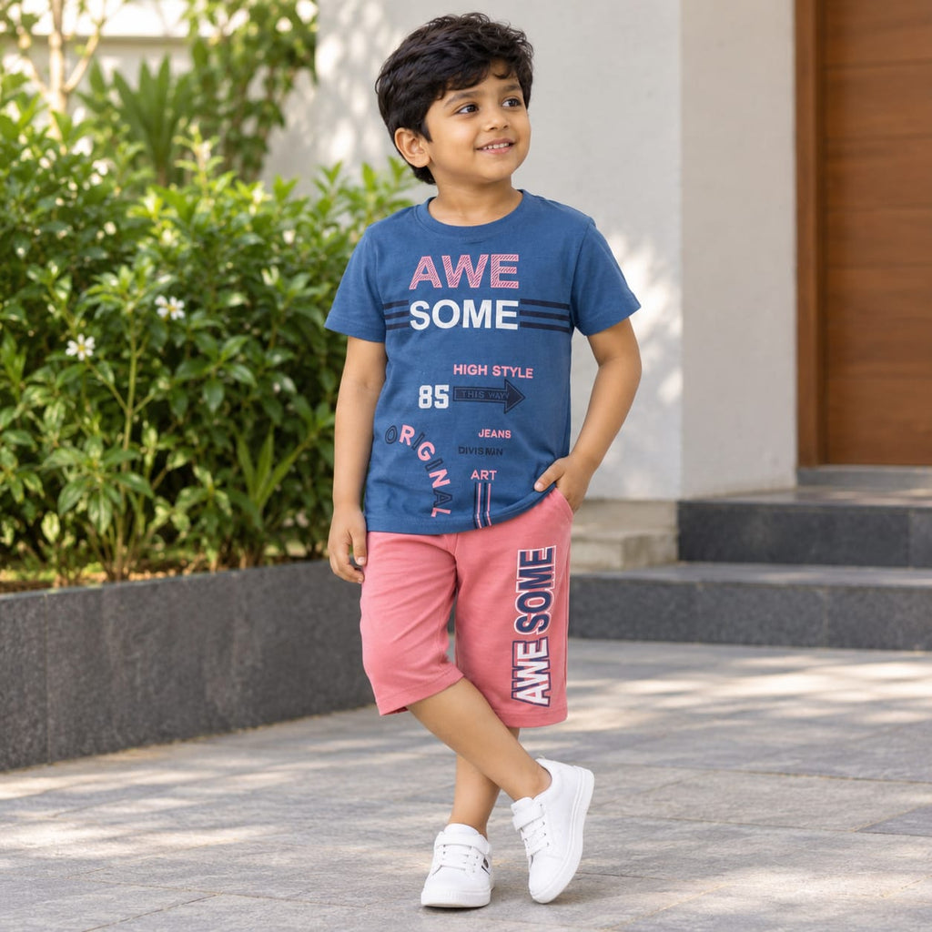 Boys Blue Graphic Printed T-Shirt & Pink Shorts Co-Ord Set | Trendy Casual Summer Wear