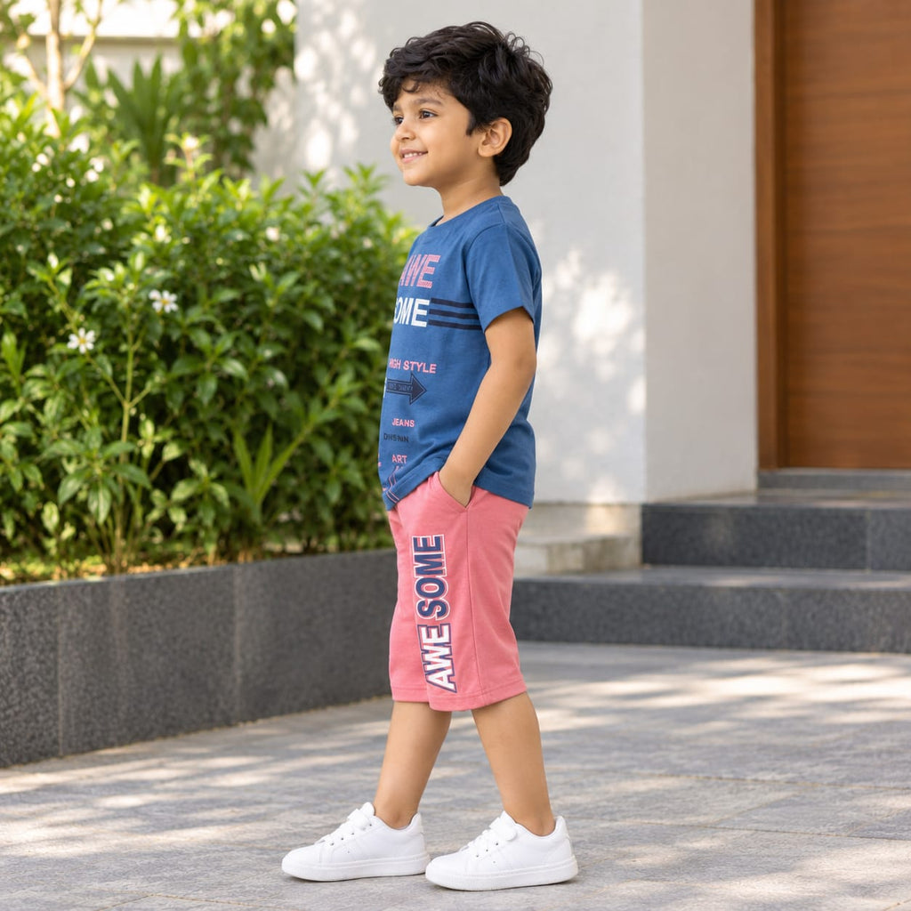 Boys Blue Graphic Printed T-Shirt & Pink Shorts Co-Ord Set | Trendy Casual Summer Wear
