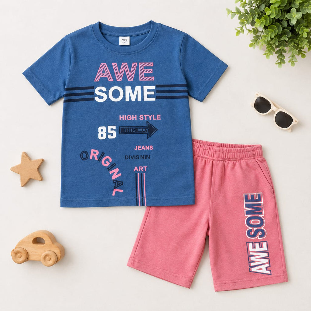 Boys Blue Graphic Printed T-Shirt & Pink Shorts Co-Ord Set | Trendy Casual Summer Wear