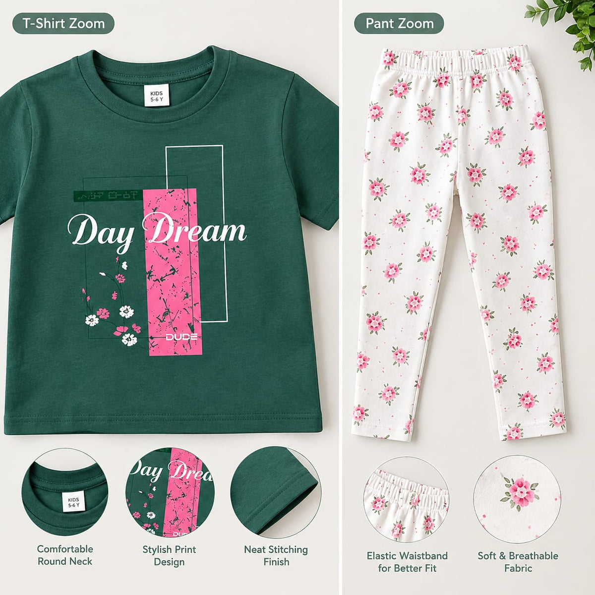 Girls Kids Dress Set with Printed T-Shirt & Floral Leggings | Comfortable Casual Wear for Girls