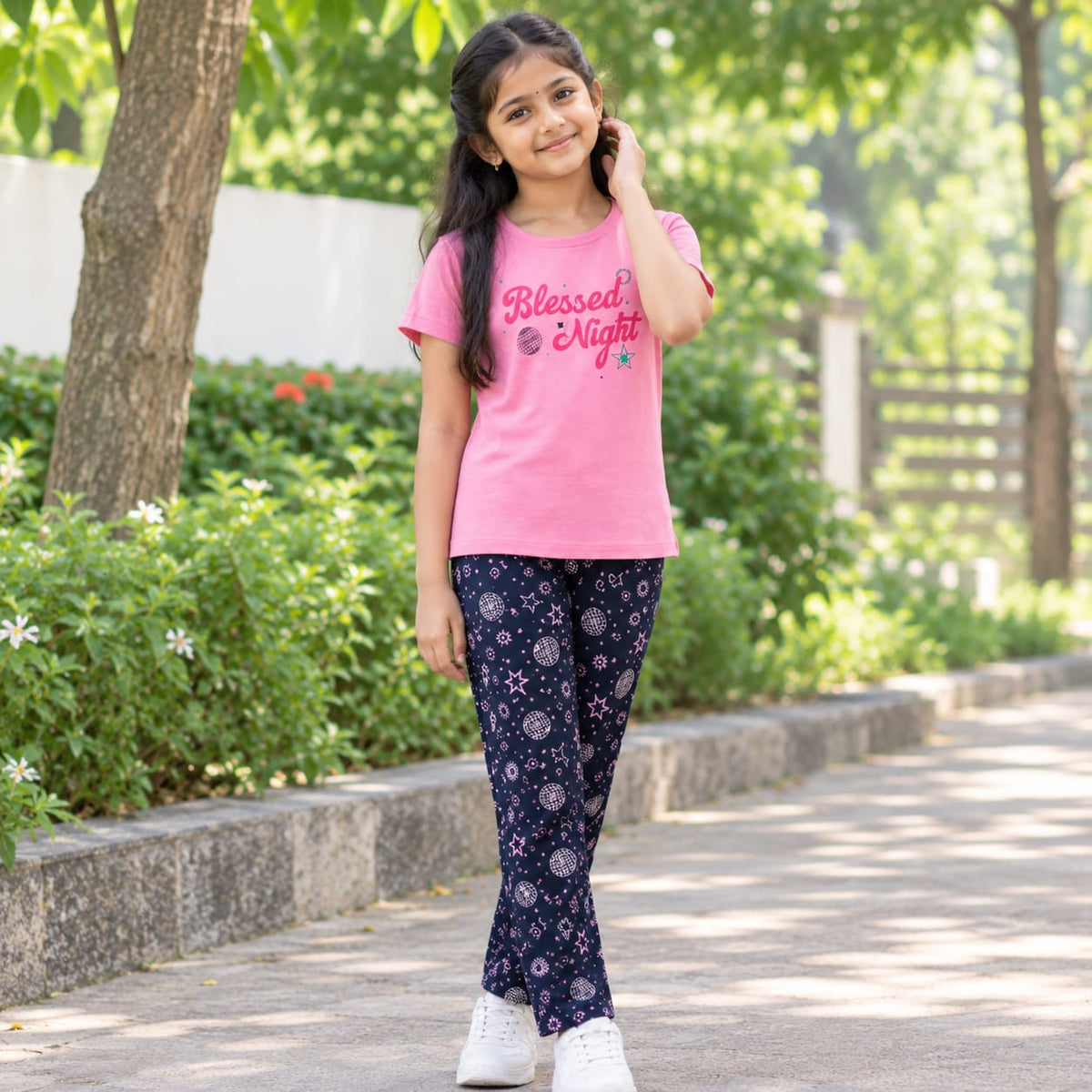 Girls Kids 2-Piece Dress Set | Pink Printed T-Shirt with Printed Pants | Casual Wear
