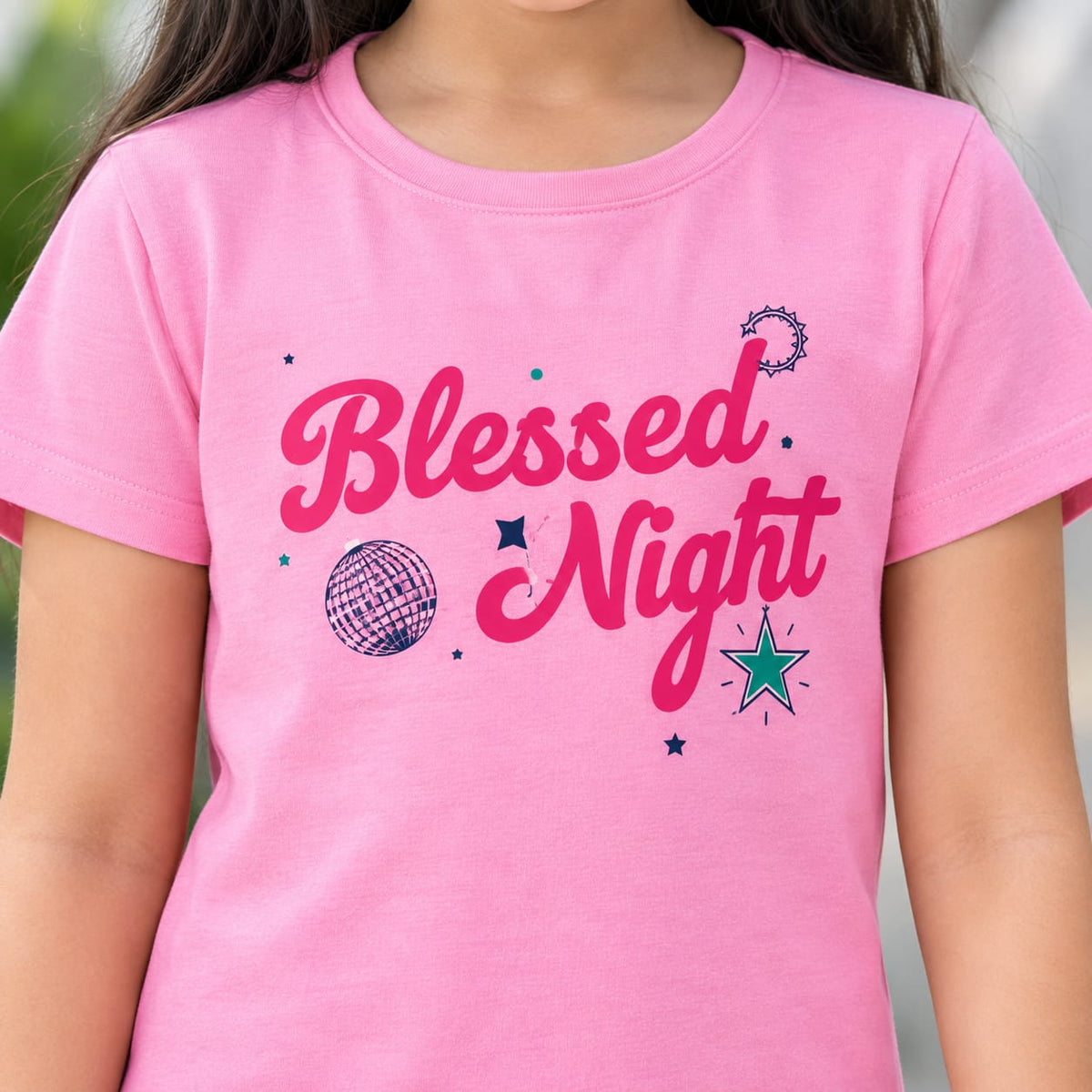 LingaTex Girls Pink Blessed Night Graphic Printed T-Shirt