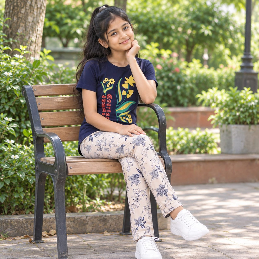 Girls Kids 2-Piece Dress Set | Navy Blue Floral Printed T-Shirt with Cream Printed Pants