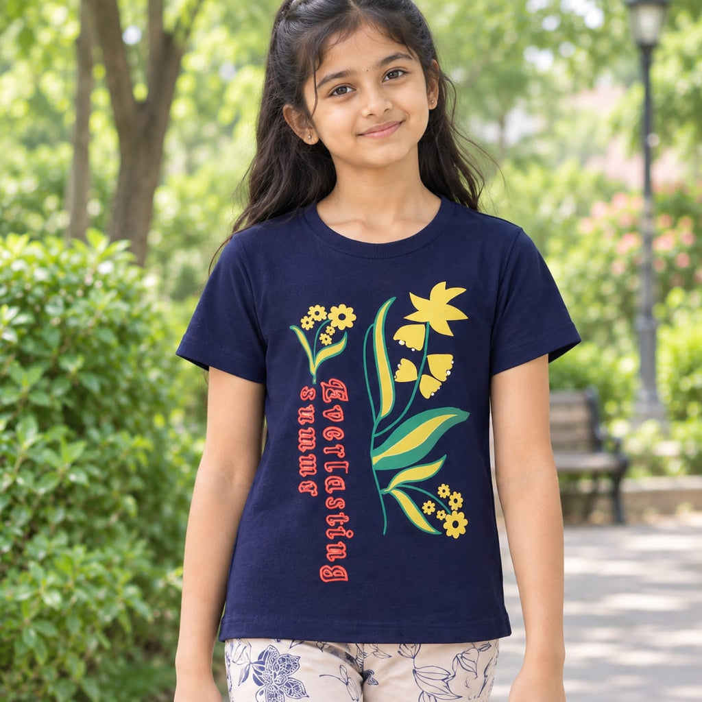 Girls Kids 2-Piece Dress Set | Navy Blue Floral Printed T-Shirt with Cream Printed Pants