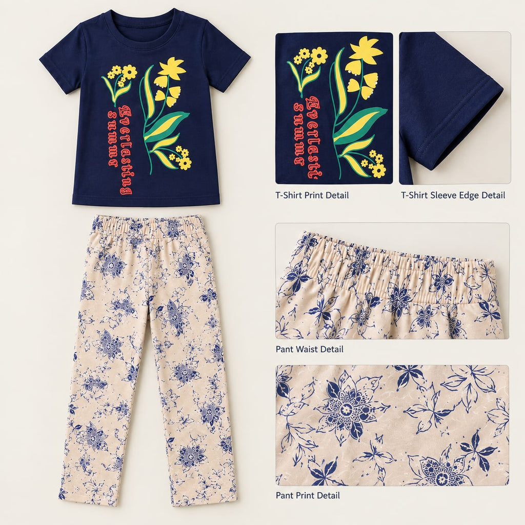 Girls Kids 2-Piece Dress Set | Navy Blue Floral Printed T-Shirt with Cream Printed Pants