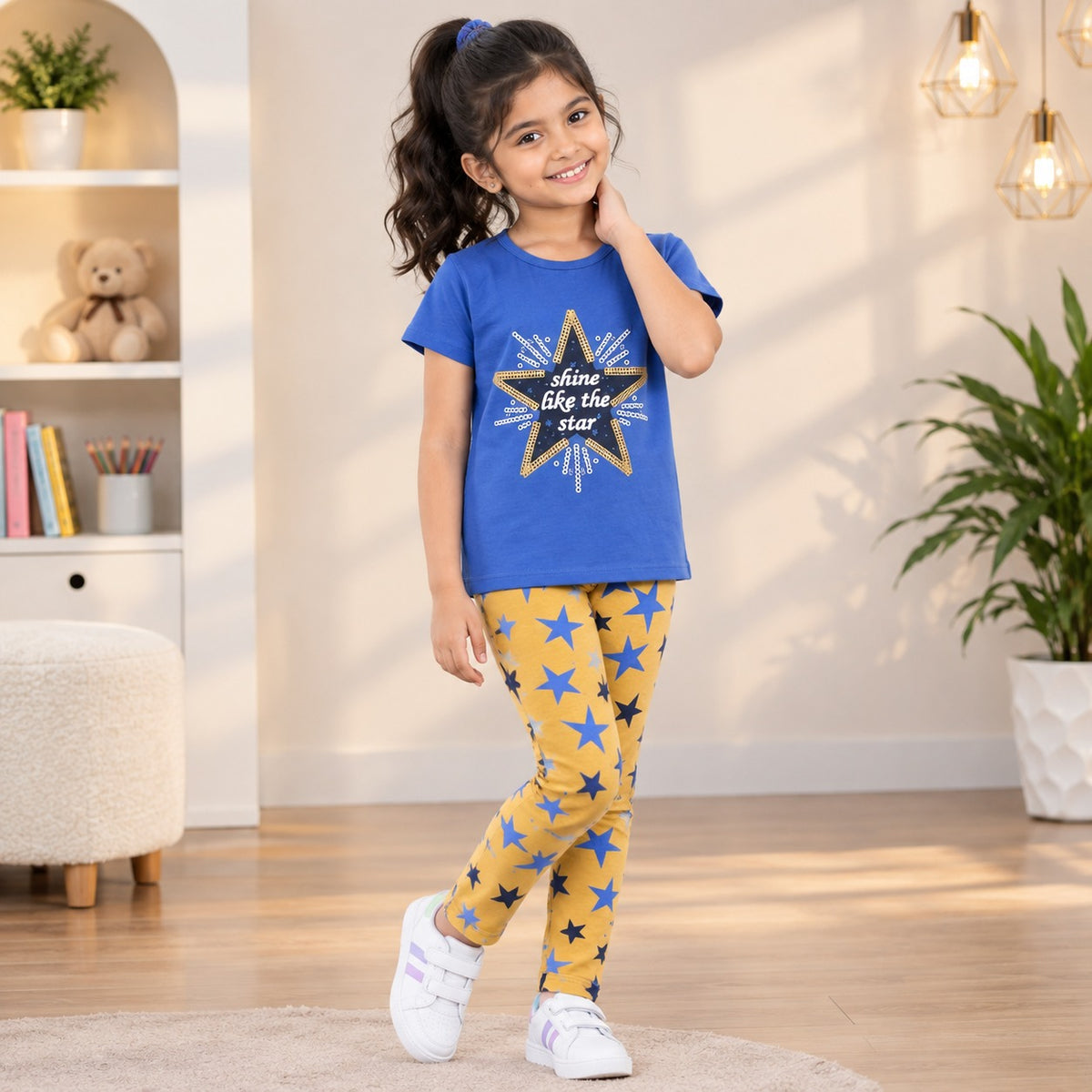 Girls Kids 2-Piece Dress Set | Blue Printed T-Shirt with Yellow Star Print Pants | Casual Wear