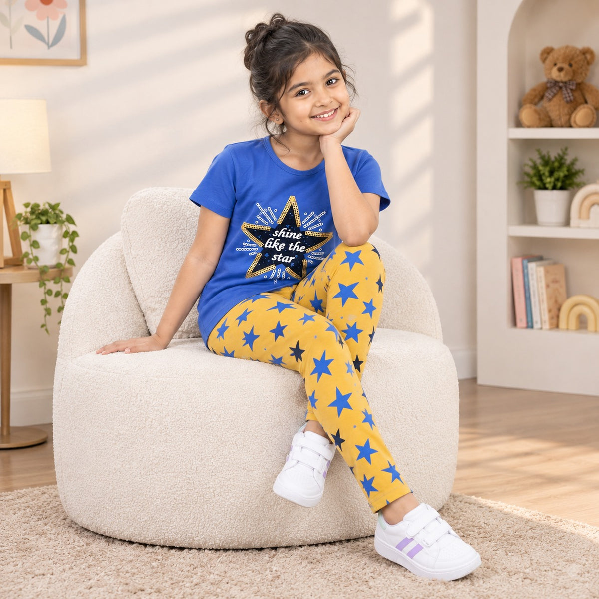 Girls Kids 2-Piece Dress Set | Blue Printed T-Shirt with Yellow Star Print Pants | Casual Wear