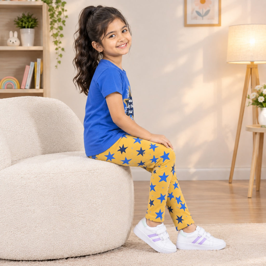 Girls Kids 2-Piece Dress Set | Blue Printed T-Shirt with Yellow Star Print Pants | Casual Wear