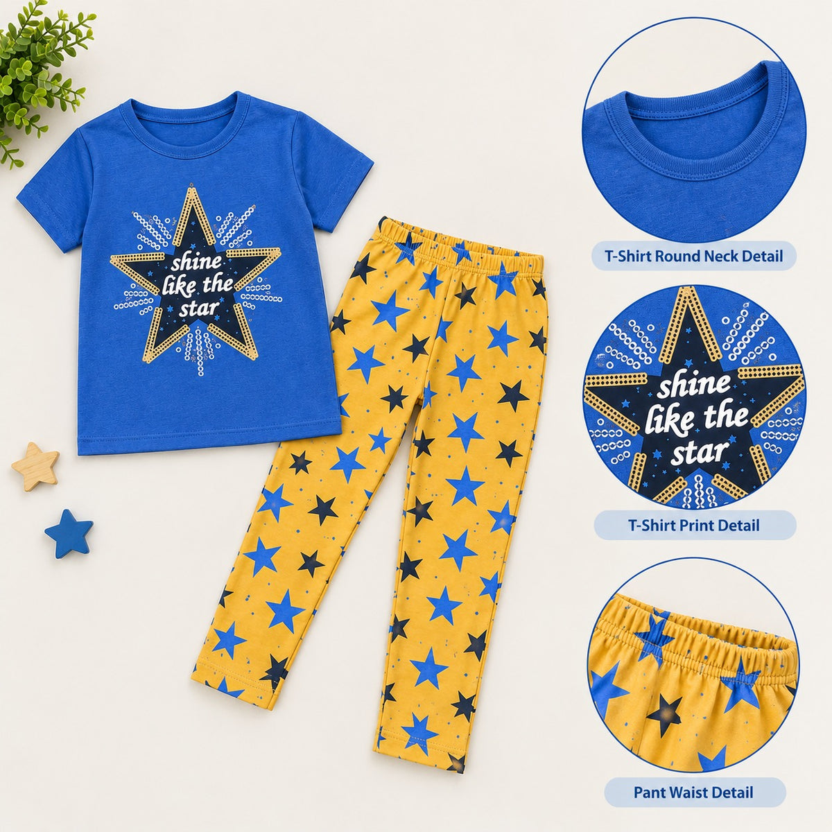 Girls Kids 2-Piece Dress Set | Blue Printed T-Shirt with Yellow Star Print Pants | Casual Wear