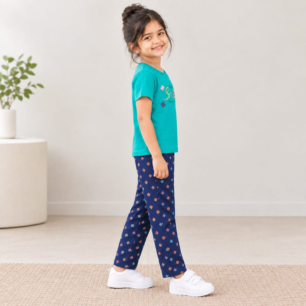 Girls 2-Piece Co-Ord Set | Teal Graphic T-Shirt with Navy Blue Printed Pants