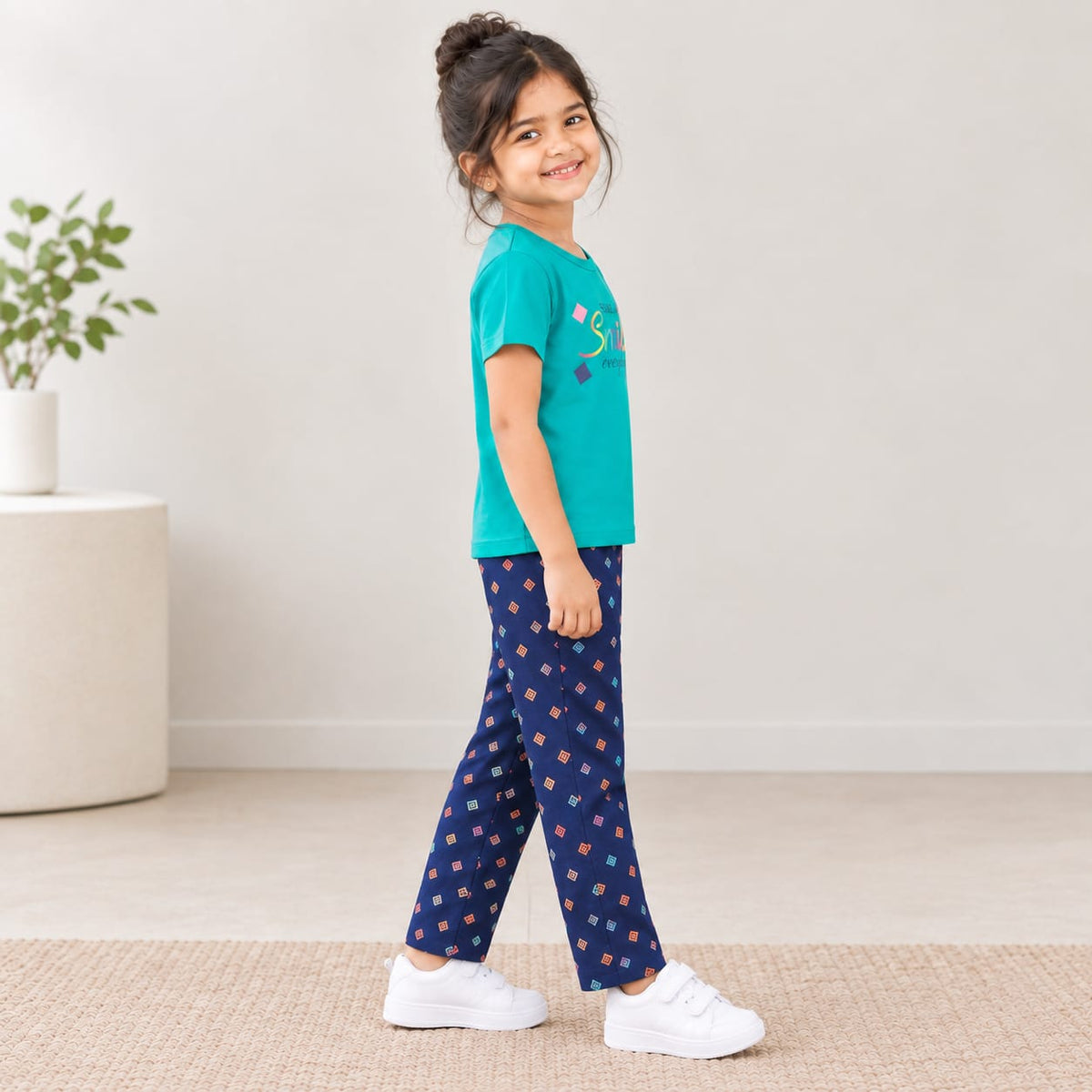 Girls 2-Piece Co-Ord Set | Teal Graphic T-Shirt with Navy Blue Printed Pants