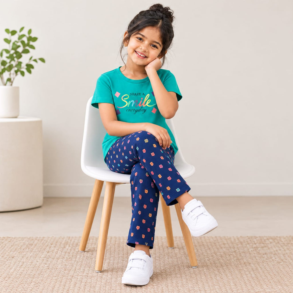 Girls 2-Piece Co-Ord Set | Teal Graphic T-Shirt with Navy Blue Printed Pants