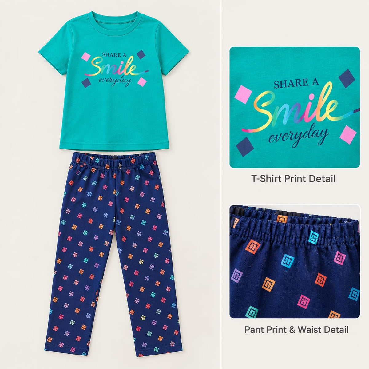 Girls 2-Piece Co-Ord Set | Teal Graphic T-Shirt with Navy Blue Printed Pants