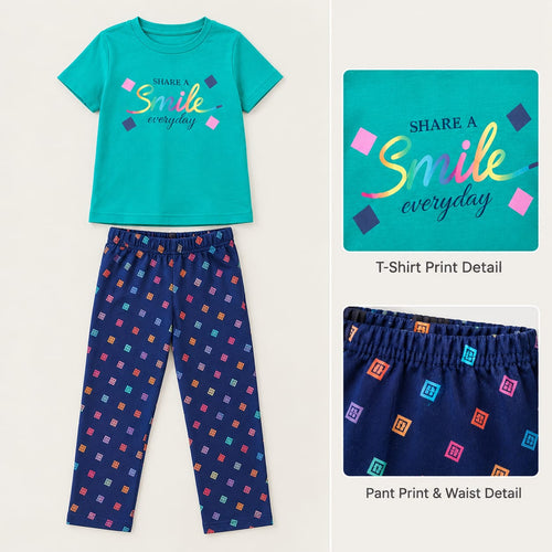 Girls 2-Piece Co-Ord Set | Teal Graphic T-Shirt with Navy Blue Printed Pants