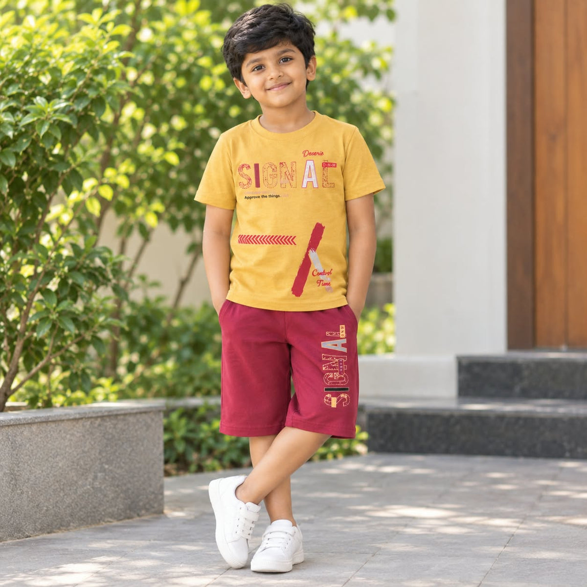 LINGATEX Boys Yellow Printed T-Shirt with Maroon Shorts Set | Casual Co-Ord Outfit