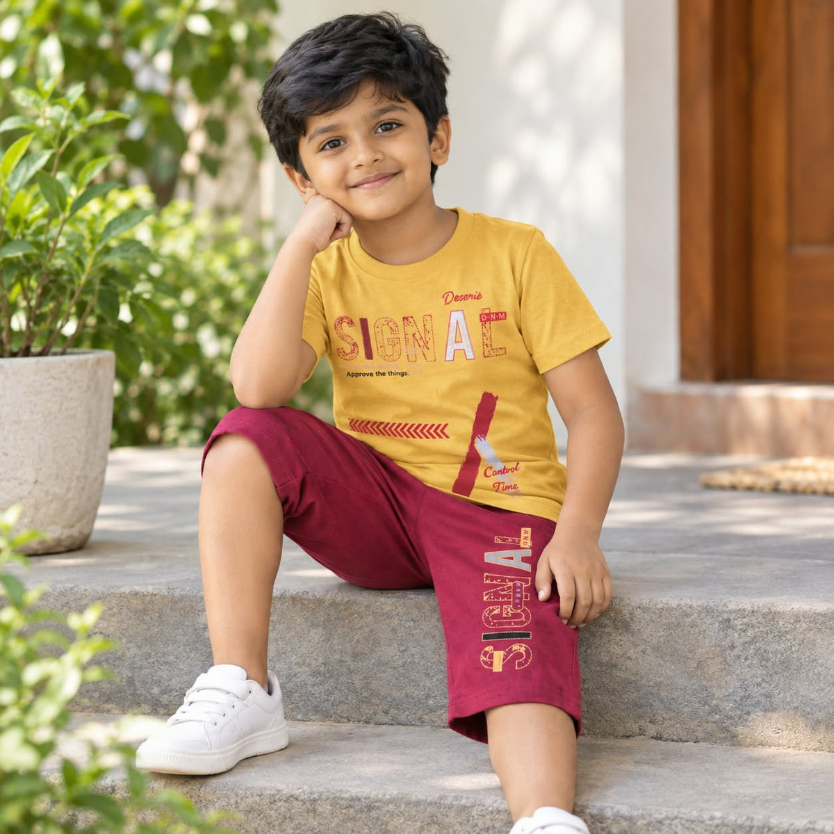 LINGATEX Boys Yellow Printed T-Shirt with Maroon Shorts Set | Casual Co-Ord Outfit