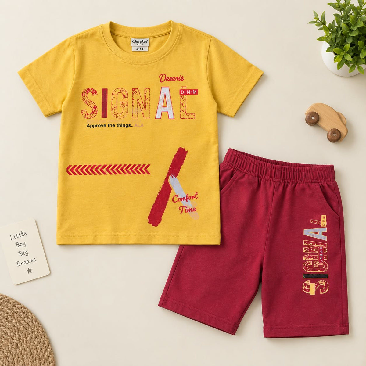 LINGATEX Boys Yellow Printed T-Shirt with Maroon Shorts Set | Casual Co-Ord Outfit