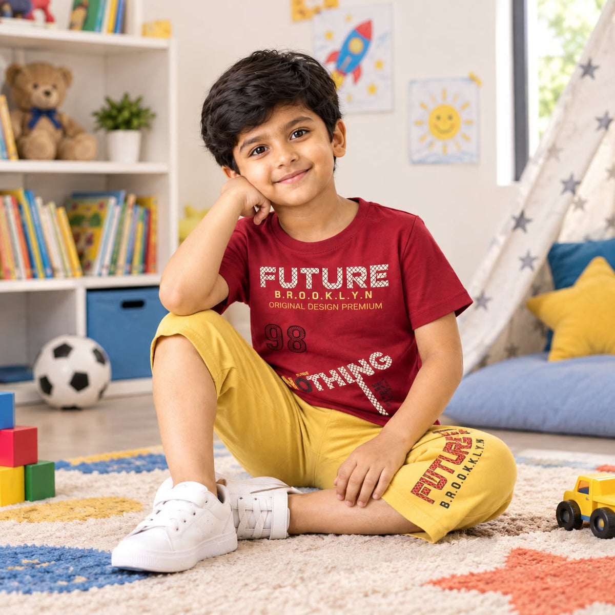 LINGATEX Boys Red Printed T-Shirt with Yellow Shorts Set | Casual Summer Wear
