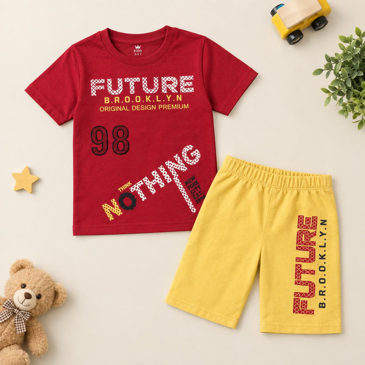 LINGATEX Boys Red Printed T-Shirt with Yellow Shorts Set | Casual Summer Wear