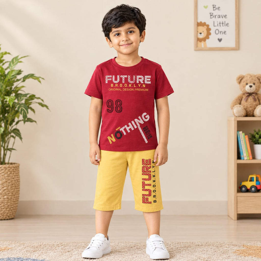 LINGATEX Boys Red Printed T-Shirt with Yellow Shorts Set | Casual Summer Wear