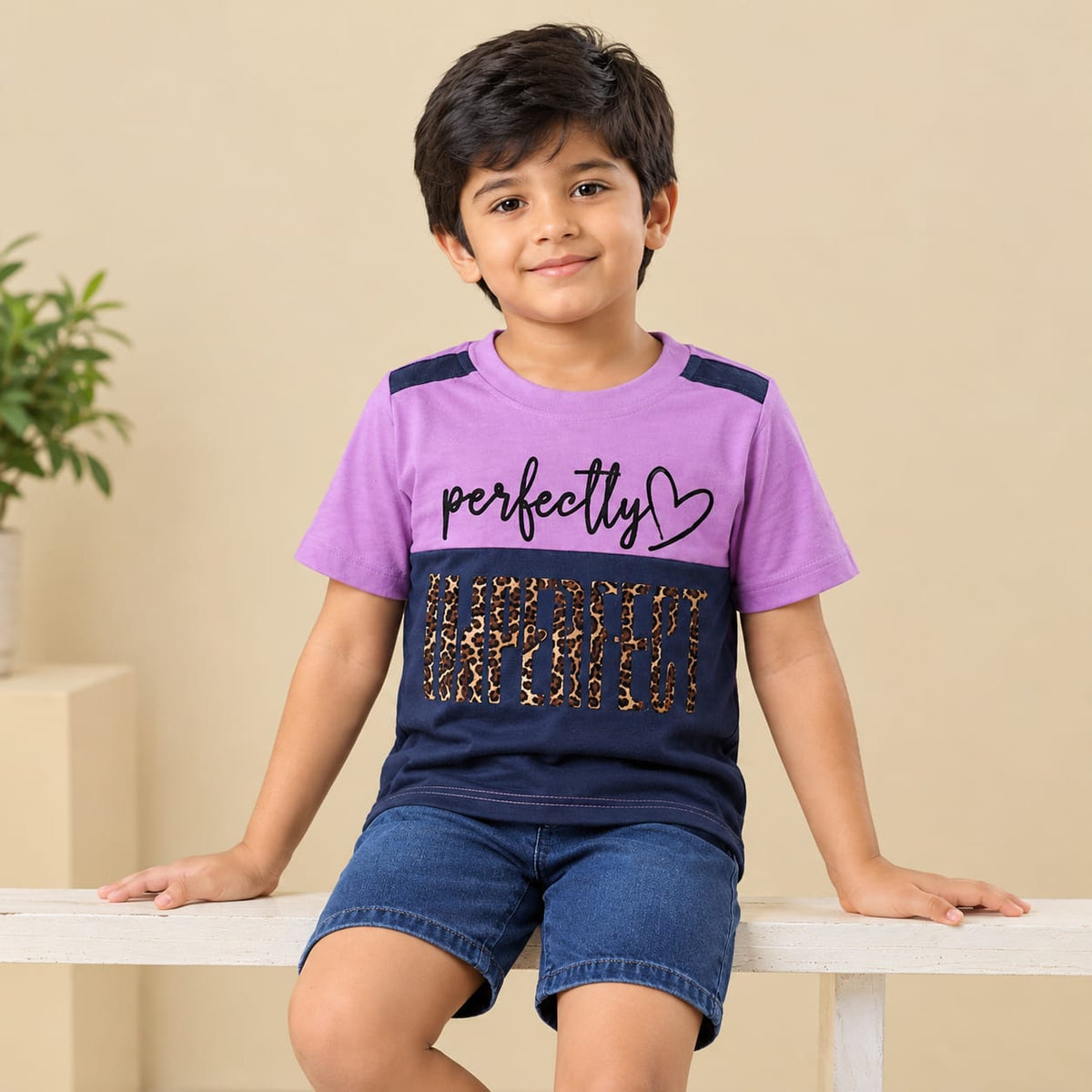 LINGATEX Boys Purple & Navy Blue Printed Half Sleeve T-Shirt
