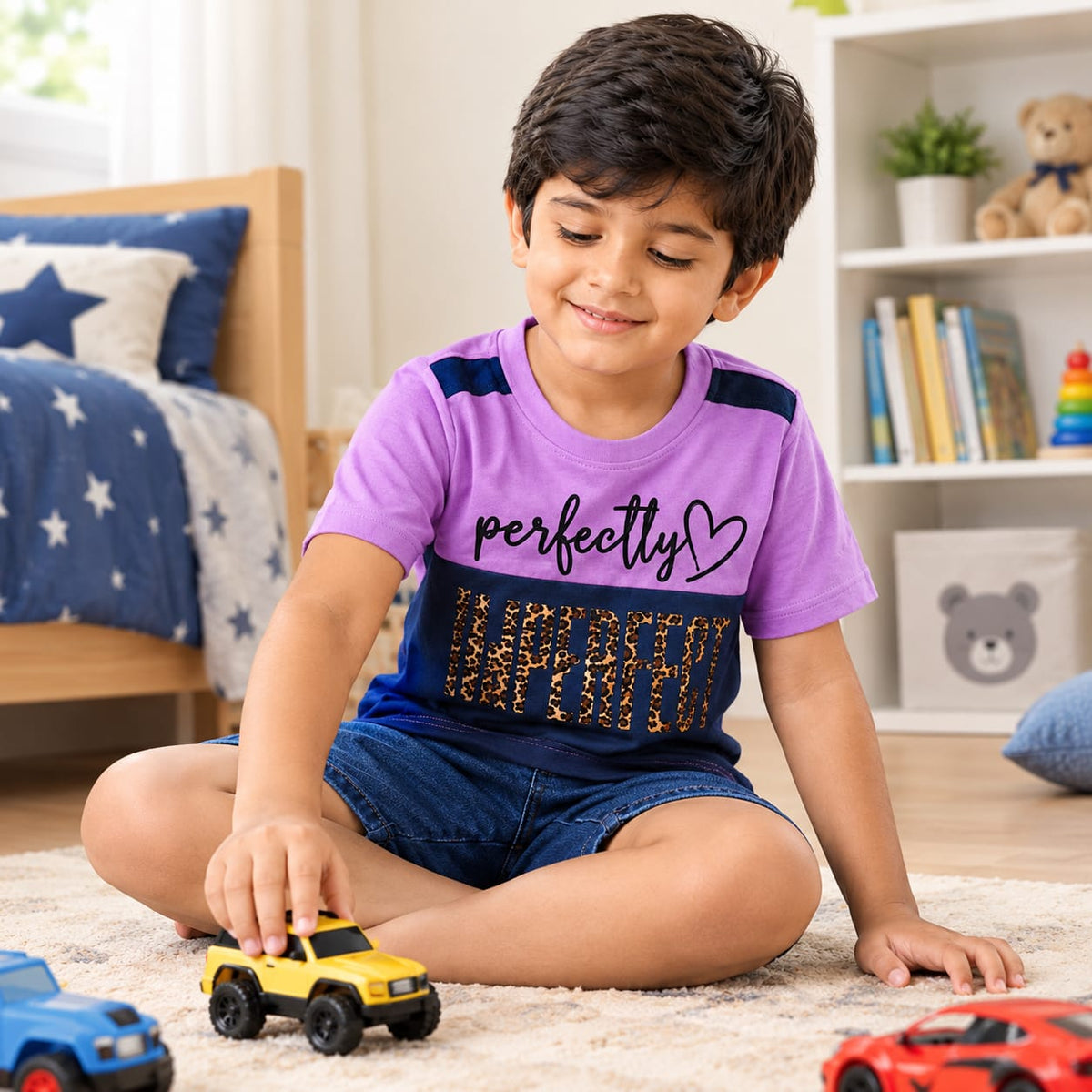 LINGATEX Boys Purple & Navy Blue Printed Half Sleeve T-Shirt