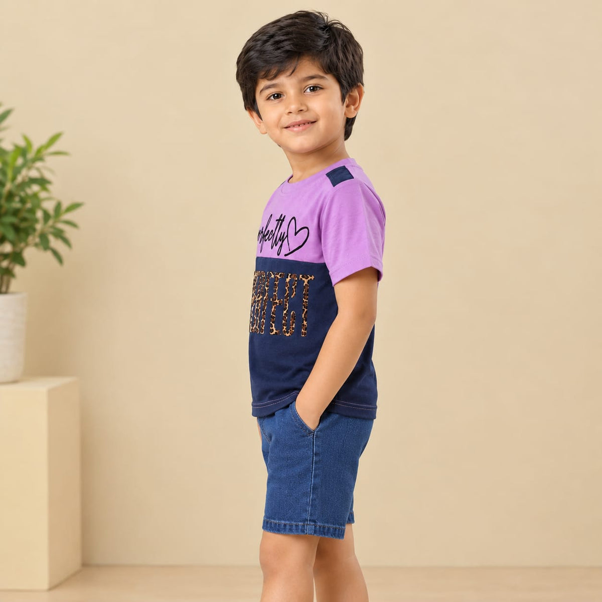 LINGATEX Boys Purple & Navy Blue Printed Half Sleeve T-Shirt