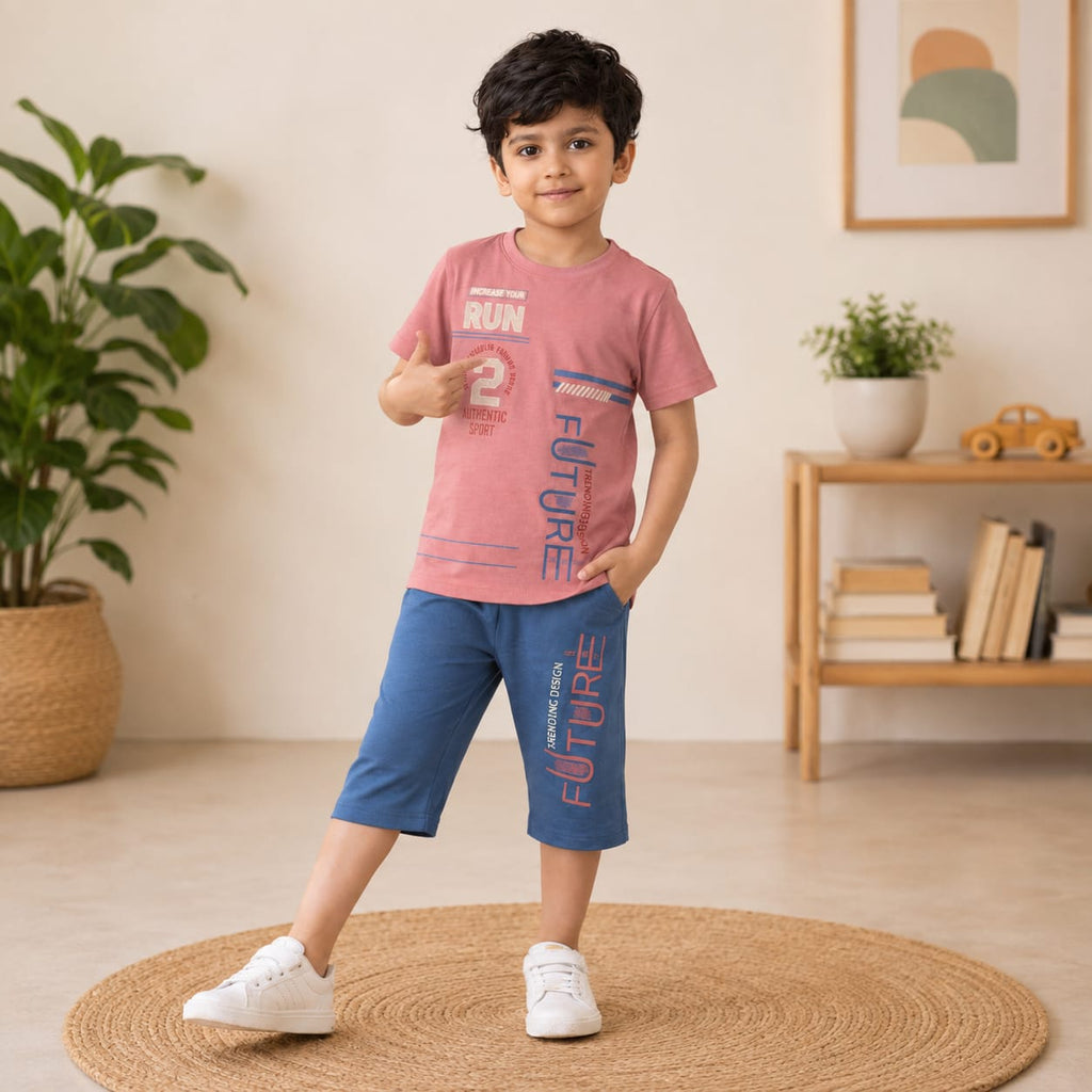 Boys Pink Graphic Printed T-Shirt & Navy Blue Shorts Co-Ord Set | Trendy Casual Summer Wear
