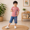 Boys Pink Graphic Printed T-Shirt & Navy Blue Shorts Co-Ord Set | Trendy Casual Summer Wear