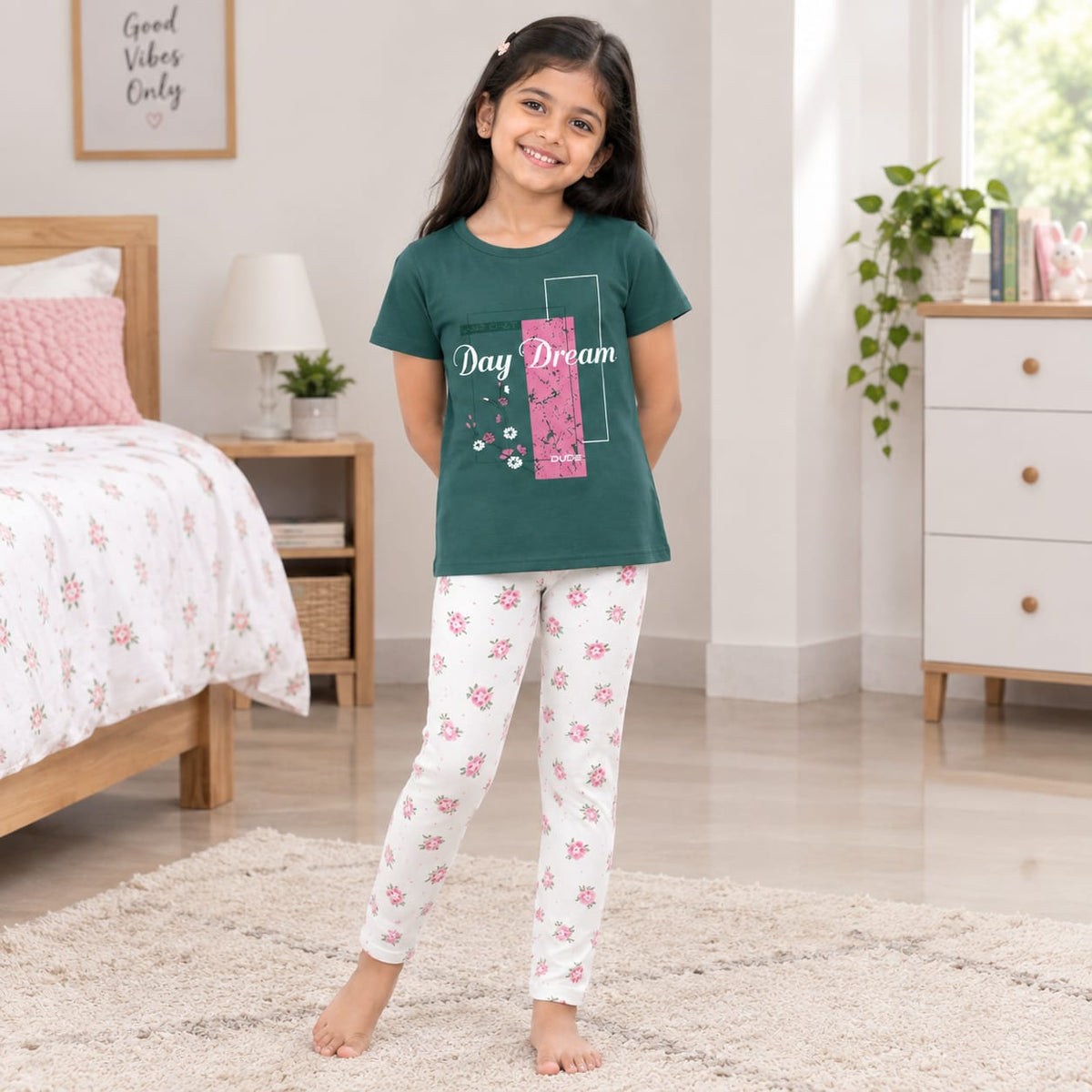 Girls Kids Dress Set with Printed T-Shirt & Floral Leggings | Comfortable Casual Wear for Girls