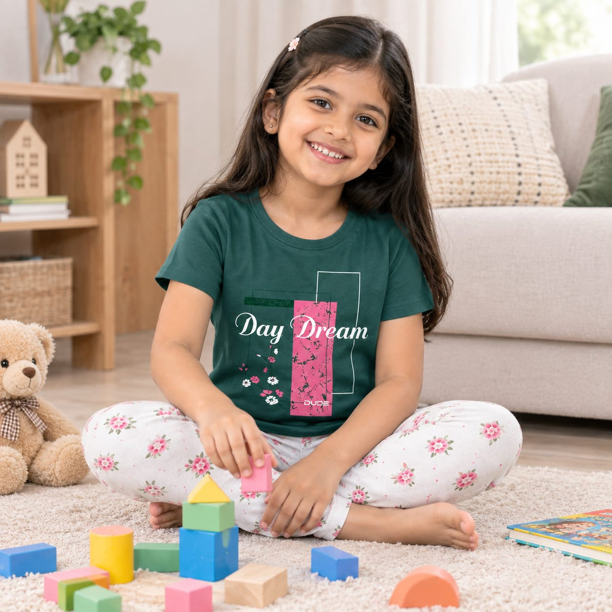 Girls Kids Dress Set with Printed T-Shirt & Floral Leggings | Comfortable Casual Wear for Girls