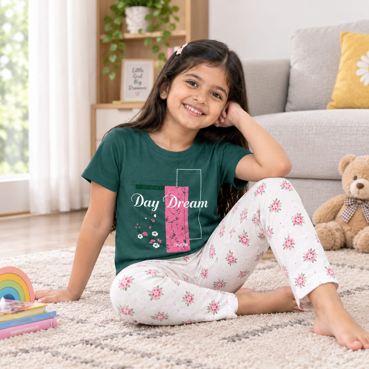 Girls Kids Dress Set with Printed T-Shirt & Floral Leggings | Comfortable Casual Wear for Girls