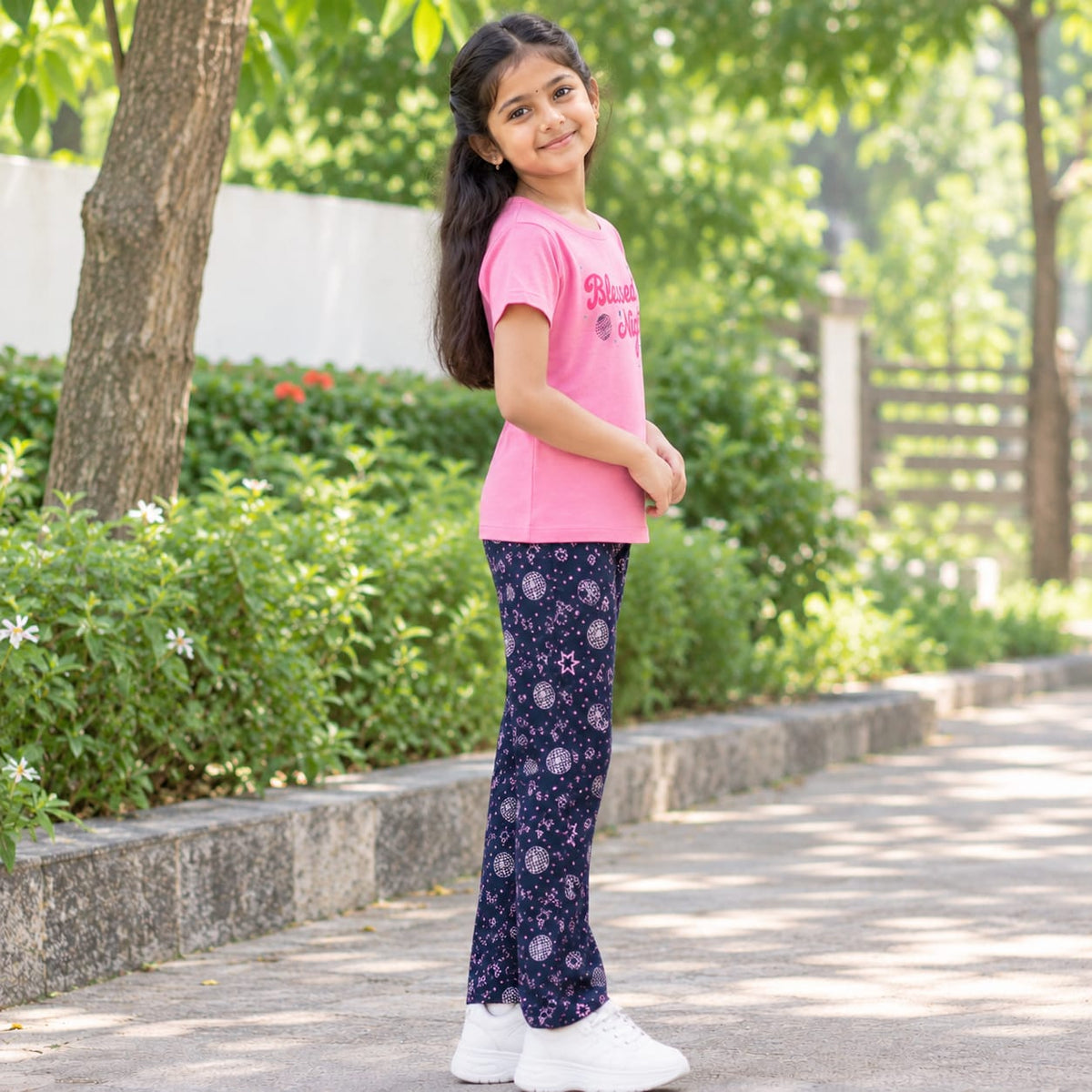 Girls Kids 2-Piece Dress Set | Pink Printed T-Shirt with Printed Pants | Casual Wear