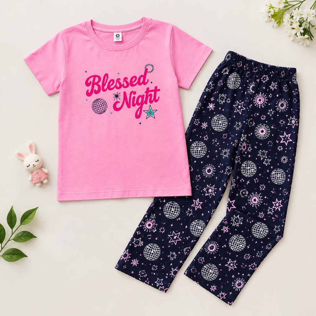 Girls Kids 2-Piece Dress Set | Pink Printed T-Shirt with Printed Pants | Casual Wear